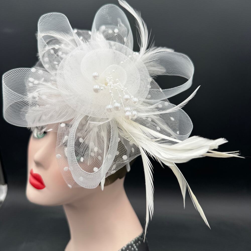 Fascinator Hat Flower Mesh Ribbons, Feathers, Faux Pearls w Headband and Clip